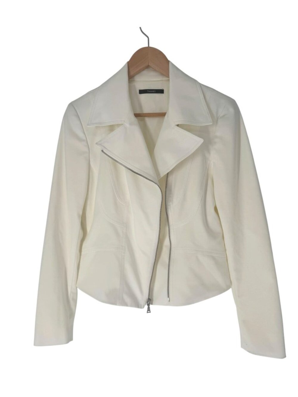 Tahari Winter White Cropped Moto Blazer Jacket Size 12 Zip Timeless Classic - Picture 3 of 8